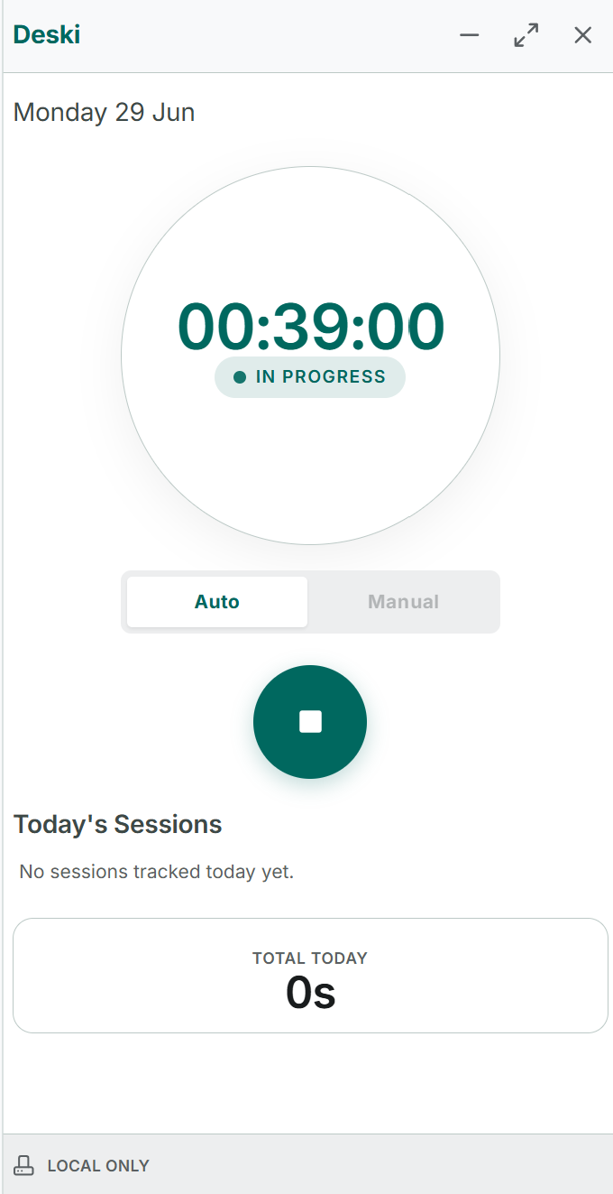 Deski's Insights screen showing the total time tracked today and a bar chart of activity